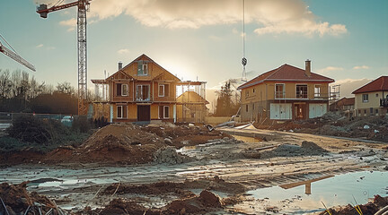Poster - A construction site with a house far in the background that is being made poorly.