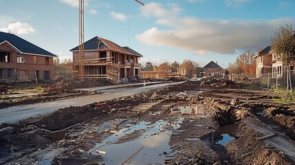 Poster - A construction site with a house far in the background that is being made poorly.
