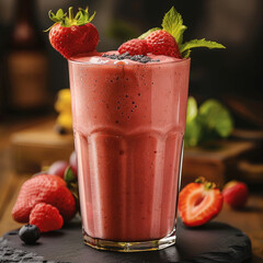 Canvas Print - Smoothie in a beautiful tall glass, A refreshing summer berry smoothie, garnished with fresh strawberries.