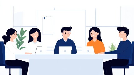 Aufkleber - A diverse group of people collaborating around a conference table, engaged in discussion with laptops, in a modern office setting.