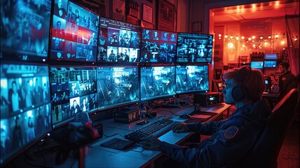 Poster - A chaotic control room for the police at night, illuminated primarily by the glow of dozens of monitors displaying scenes of gang wars erupting across suburban neighborhoods.