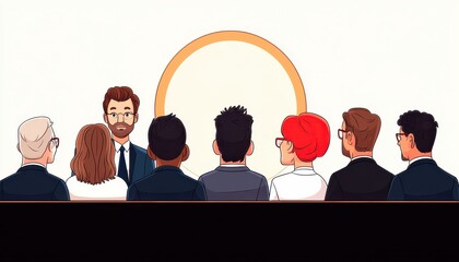 Aufkleber - A group of diverse individuals attentively listens to a presenter in a professional setting, emphasizing collaborative engagement and communication.