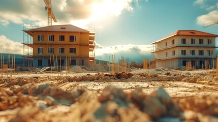 Poster - A construction site with a house far in the background.