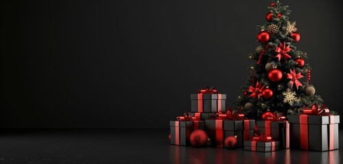 Wall Mural - Elegant Christmas background with black and red gift boxes, 3D-rendered decorations, and a Christmas tree on a dark background, designed for banners or cards with empty space.