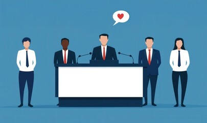 Aufkleber - A group of diverse professionals stands behind a podium, with one speaker expressing enthusiasm, symbolizing communication and teamwork.