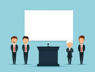 Aufkleber - Illustration of a group of people having a discussion. Four cartoon characters in business attire stands near a podium and a blank presentation screen, ready for a presentation.