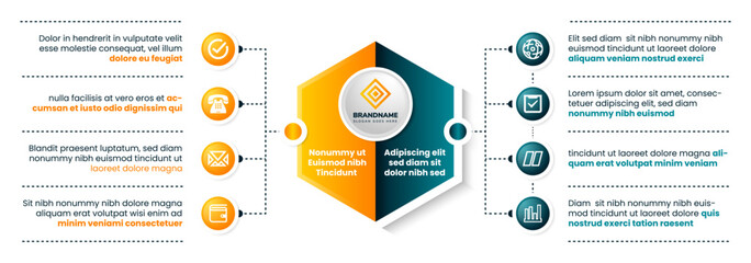Wall Mural - infographic template with icons and eight options. hexagon shape as space for logo and title. can be