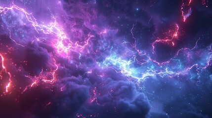 Wall Mural - This photo depicts a striking abstract image of a blue and purple background illuminated by multiple lightning strikes