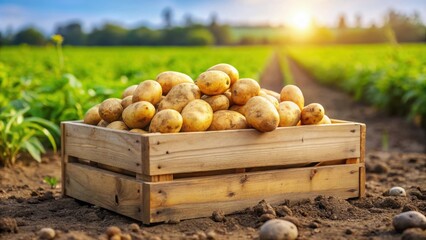 Wall Mural - Fresh organic potatoes in a rustic wooden box sitting in a field, harvest, agriculture, farm, field, nature, fresh