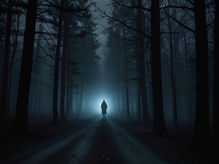 Person walking down a foggy forest path, surrounded by bare trees, creating a mysterious atmosphere