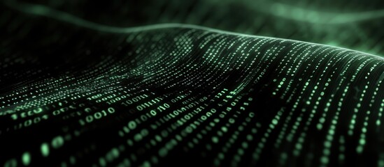 A futuristic binary code stream flowing through glowing lines and lights, on a dark tech background, representing digital data flow, abstract cyber theme