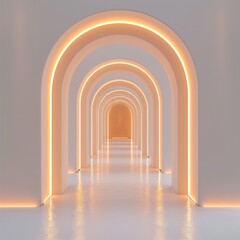Poster - 3D render, abstract white background with minimalistic arches and glowing light in the middle. Background for product presentation, mockup, or design template.