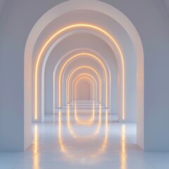Poster - 3D render, abstract white background with minimalistic arches and glowing light in the middle. Background for product presentation, mockup, or design template.