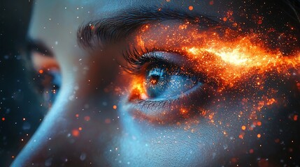 Wall Mural - glowing eye of the cosmos student gazing into fiery telescope symbolizing educational enlightenment