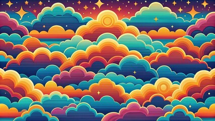 Wall Mural - 70s inspired retro sky pattern with vibrant colors, retro, 70s, vintage, sky, pattern, colorful, clouds, design