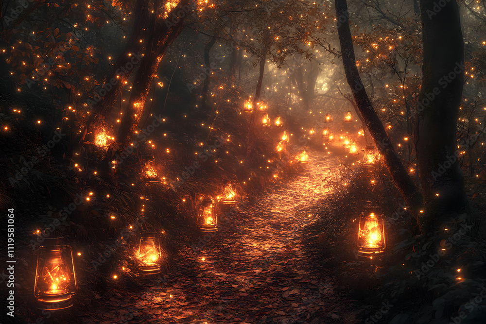Enchanted Forest Pathway with Lanterns and Warm Glowing Lights, Mocha ...