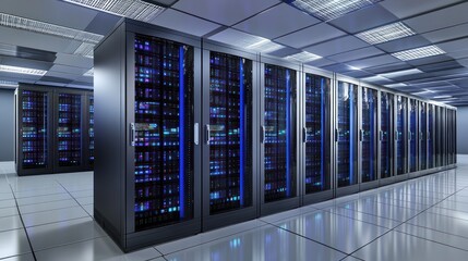 Wall Mural - modern data center with rows of server racks, illuminated with blue lights, showcasing advanced tech