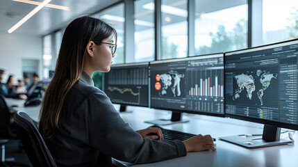 Poster - Women with multiple screens showing demographic data analysis, fairness metrics, testing frameworks, modern research office, professional academic environment, collaborative space visible.