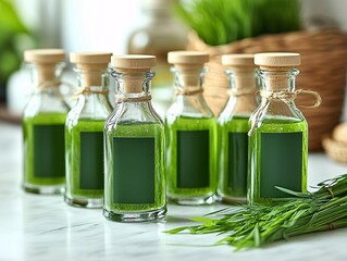 Wall Mural - A series of glass bottles filled with vibrant green liquid, displayed on a countertop, suggesting a focus on health or natural products.