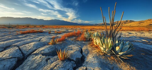 Canvas Print - Sunset over cracked earth desert landscape with agave plants.