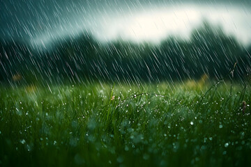 Wall Mural - green grass in heavy rain with blurred background
