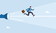 © Anil - Business direction guidance, confidence businessman running forward on torch flashlight light beam, career path or solution to reach goal, mentorship, help and manager support, find the way concept.
