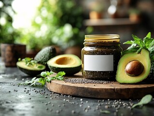 Wall Mural - A jar of healthy chia seed spread sits on a wooden board next to fresh avocados, surrounded by greenery, creating a vibrant, nutritious display.