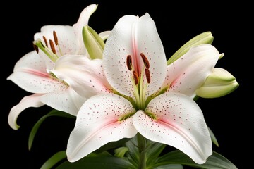 Wall Mural - Beautiful white lilies in bloom showcasing delicate petals and vibrant colors against a dark background