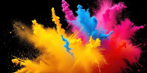 Vibrant explosion of colorful powder on dark background creating a dramatic contrast, event, vibrant