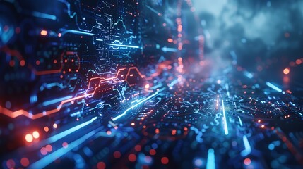 Wall Mural - This photo depicts a striking abstract image of a digital technology background illuminated by multiple lightning strikes