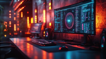 A modern, futuristic gaming setup with a large monitor displaying colorful digital graphics and a glowing keyboard on a sleek desk.