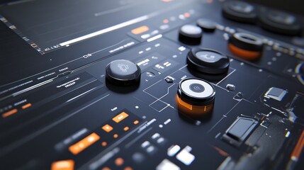 Close-up of a futuristic digital control panel with glowing orange buttons and interfaces.