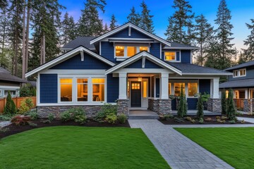 Wall Mural - Cozy craftsman house blue exterior white trim stone accents warm glowing windows