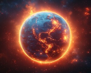 Wall Mural - futuristic glowing planet earth surrounded by neon rings