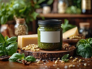 Wall Mural - A jar of vibrant green pesto surrounded by fresh basil, pine nuts, and cheese, set on a rustic wooden board with a cozy kitchen backdrop.