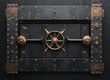© ANUAR - Intricately Designed Antique Vault Door with Brass Hardware and Nautical Wheel Feature, Perfect for Historical or Security-Themed Projects