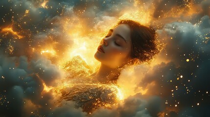 Wall Mural - sleeping figure surrounded by golden light, drifting above clouds with sparkling particles trailing 