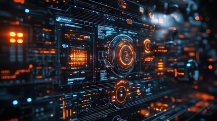 Wall Mural -  High-tech circuit board with glowing orange and blue lights symbolizes advanced digital systems, innovation, and futuristic technology.