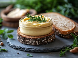 Wall Mural - A creamy spread is served on rustic bread, garnished with fresh herbs, and set against a blurred green backdrop, creating a fresh and appetizing display.