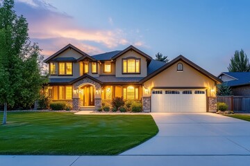 Large luxurious suburban house craftsman style architecture two story home warm exterior lighting