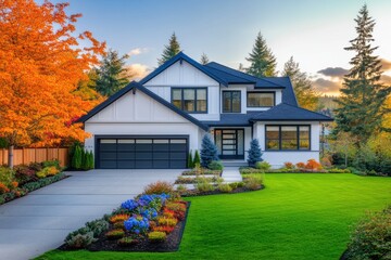 Wall Mural - large modern suburban house white and dark gray exterior two story attached garage