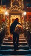 © Lamina - Delivery driver in a festive hat carrying a holiday-themed food bag up the steps of a decorated home with twinkling Christmas lights.