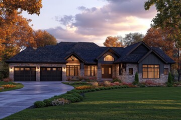 Wall Mural - Luxurious craftsman style home expansive front lawn manicured landscaping stone accents