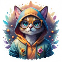  Stylish Cartoon Cat with Oversized Glasses and Colorful Hoodie