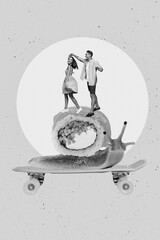 Wall Mural - Creative photo 3d collage artwork poster postcard of funny people riding big snail moving date restaurant isolated on painting background