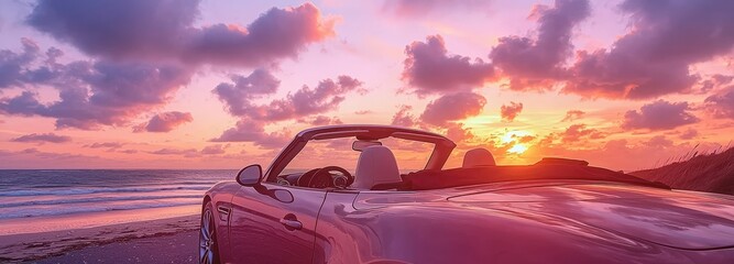 Wall Mural - Sunset drive along the beach with a convertible on a warm evening