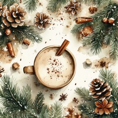 Wall Mural - Christmas watercolor illustration with a mug of coffee or cocoa colored mocha mousse. Square watercolor card with cocoa, fir branches and marshmallows.