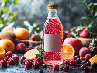 Wall Mural - A vibrant bottle of sparkling fruit drink surrounded by fresh berries and citrus, showcasing a refreshing and colorful beverage aesthetic.