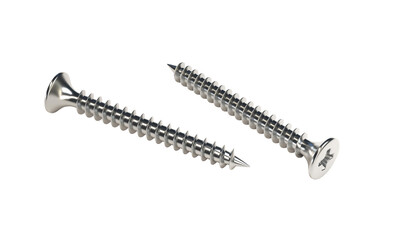 Two shiny metal screws lying on transparent background