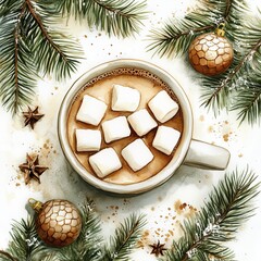 Wall Mural - Christmas watercolor illustration with a mug of coffee or cocoa colored mocha mousse. Square watercolor card with cocoa, fir branches and marshmallows.